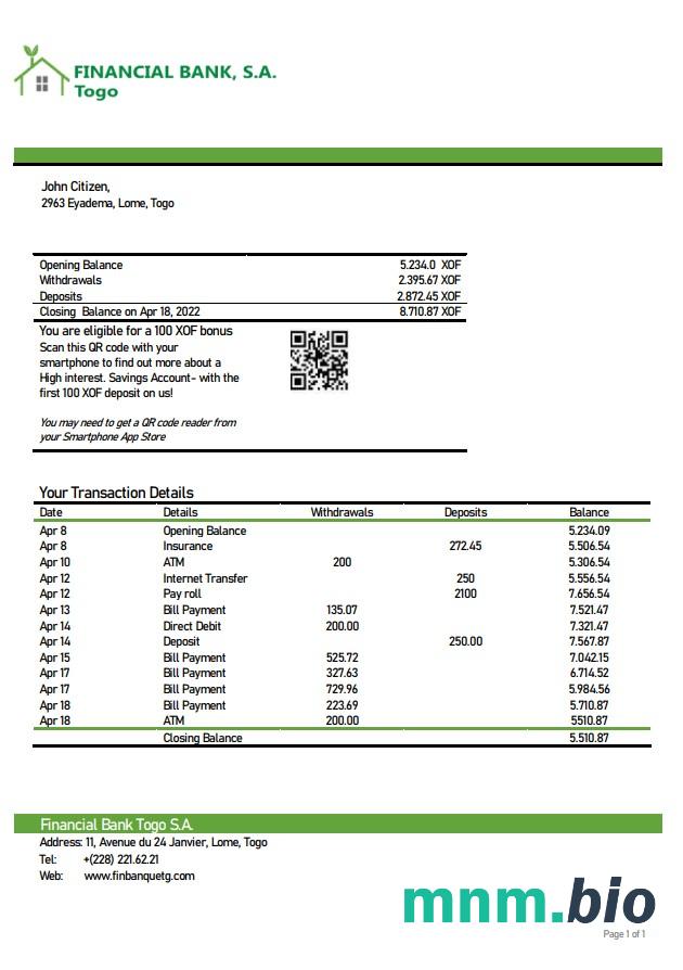 Togo Financial wyciąg bankowy xls